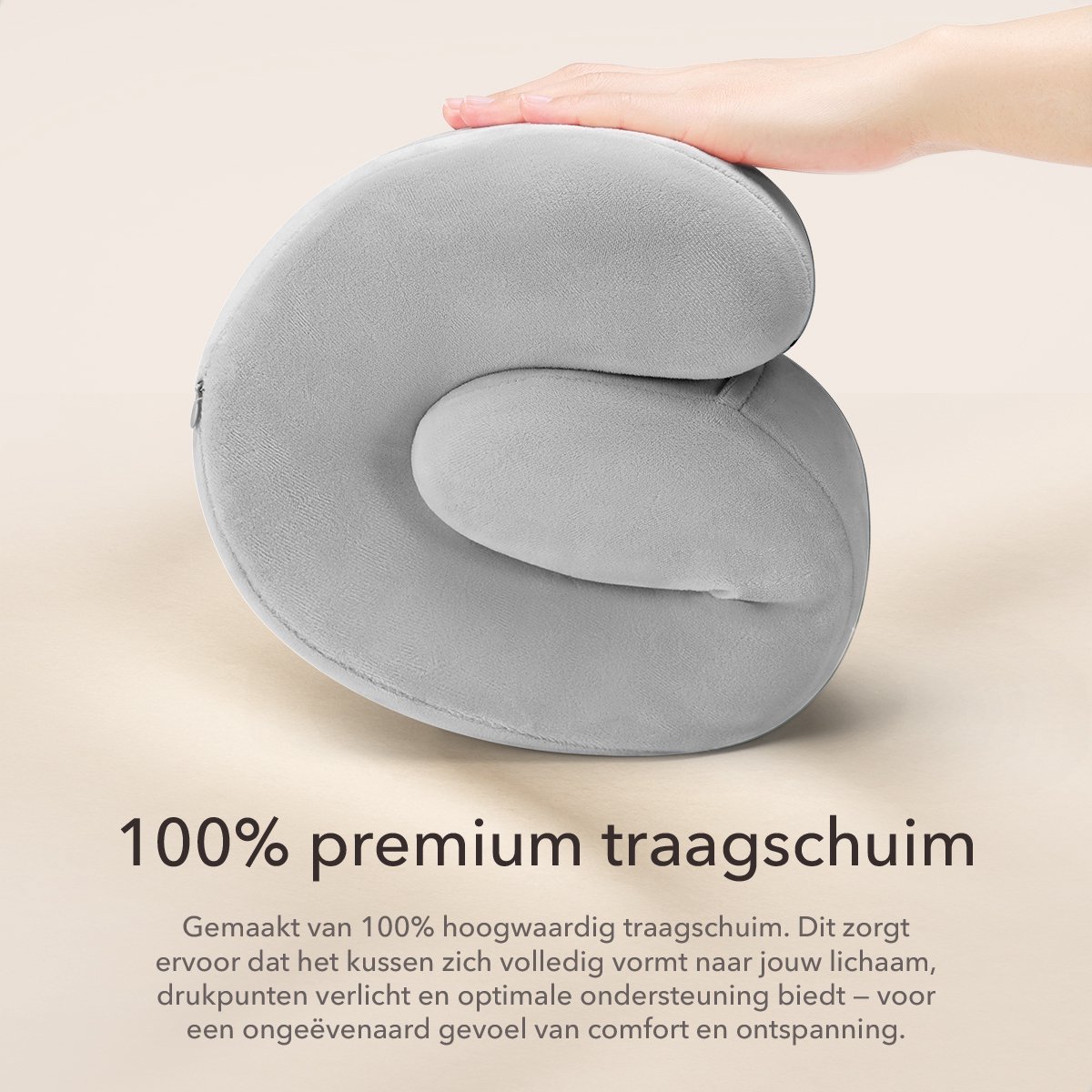 SKYCASES Travel Essentials - Nekkussen Set 3-delig - Ergonomisch Memory Foam Reiskussen met Oogmasker en Oordoppen - Ideaal voor Vliegtuig, Auto en Trein - Compact en Luxe - Lichtgrijs — afbeelding 4