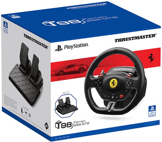 Doos van het Thrustmaster T98 Ferrari 296 GTB racestuur met afbeeldingen van het stuur, pedalen en een rode Ferrari.