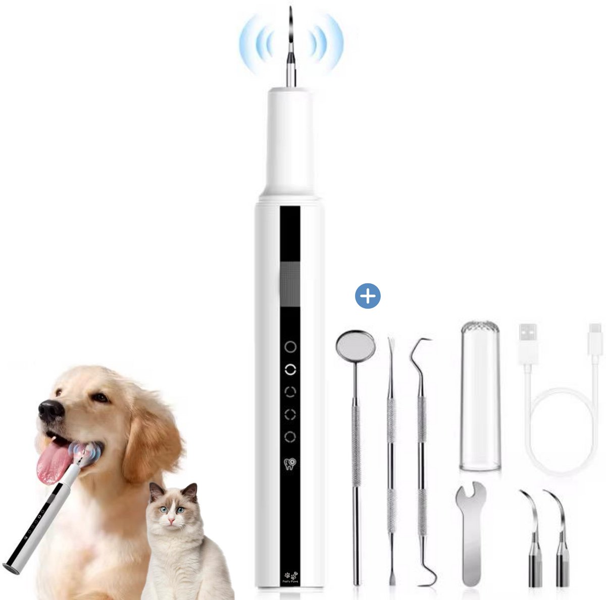 Pretty Paws Elektrische Tandsteen Verwijderaar Set - Tandsteen Verwijderaar Hond & Kat - 7 Delig Tandverzorging Set - USB Oplaadbaar- Tandartshaakje