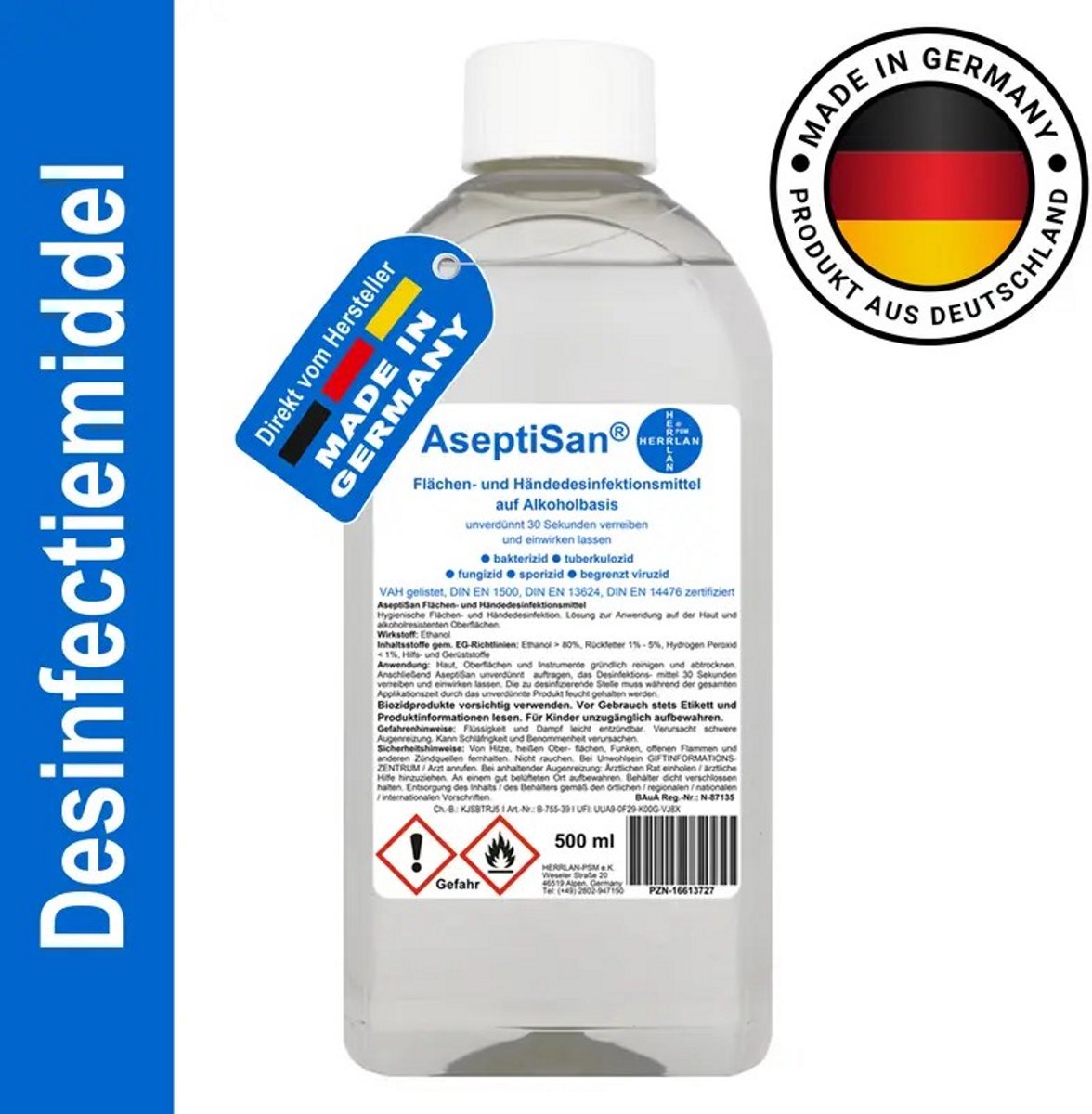 K&R Ventures® AseptiSan - Desinfectiemiddel - 0,5 liter Handdesinfectiemiddel - 80% Alcohol - alcohol gebaseerde handdesinfectie- en oppervlakte- desinfectiemiddel voor toepassing op huid en alcoholbestendige oppervlakken