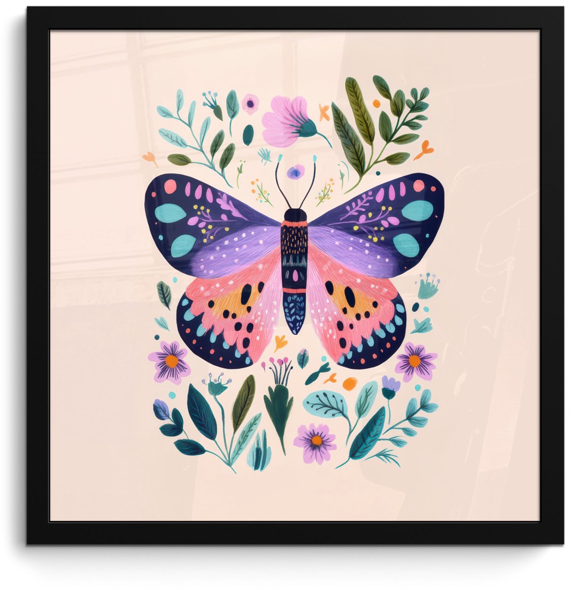 FrameYourWall Poster in lijst - Fotolijst 40x40 cm - Posters - Bloemen - Bladeren - Vlinder - Kleurrijk - Posterlijst zwart - Decoratie - Wanddecoratie woonkamer - Muurdecoratie slaapkamer Vlinder - Bloemen