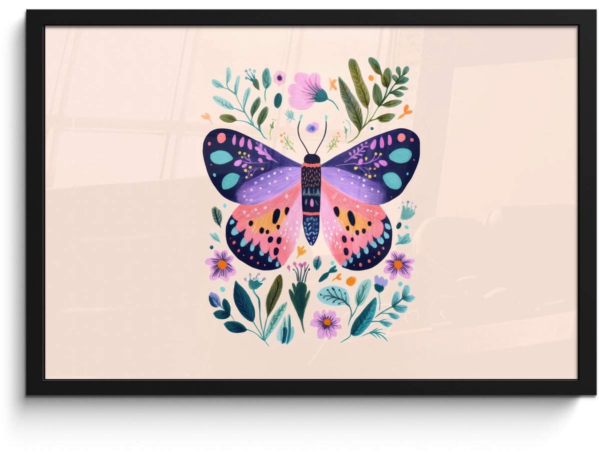 FrameYourWall Poster in lijst - Fotolijst 60x40 cm - Posters - Bloemen - Bladeren - Vlinder - Kleurrijk - Posterlijst zwart - Decoratie - Wanddecoratie woonkamer - Muurdecoratie slaapkamer Vlinder - Bloemen