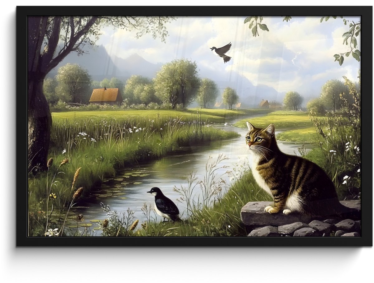 FrameYourWall Poster in lijst - Fotolijst 60x40 cm - Posters - Kat - Beekje - Weide - Posterlijst zwart - Decoratie - Wanddecoratie woonkamer - Muurdecoratie slaapkamer Kat - Natuur