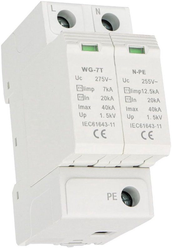 Wengart WG-7T Dispositivo Di Protezione Da Sovratensioni T1+T2, 20-40kA 275V, Per Guida DIN, Protezione Casa Da Fulmini E Picchi Di Tensione