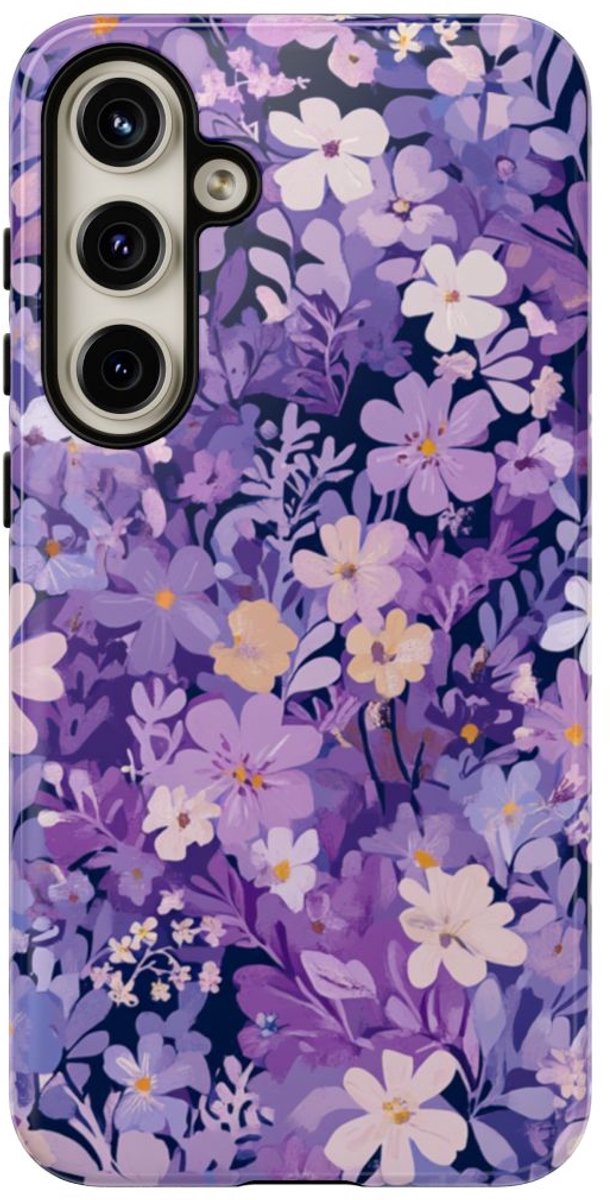 Paars Bloemenpatroon – Telefoonhoesje Geschikt voor Samsung Galaxy S24 Plus
