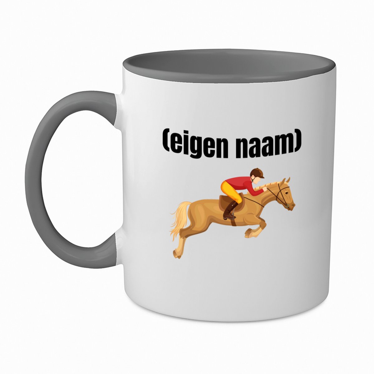 Hacebo® - paardrijden jockey met eigen naam koffiebeker grijs - Paarden - paarden/jockey liefhebbers - thee mok - koffie beker - iemand die houdt van paarden of jockey - verjaardag - cadeau - kado - koffiemok - 350 ML inhoud