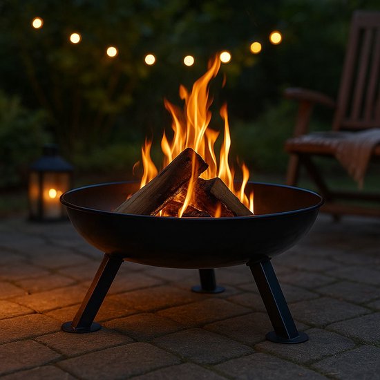 Brandende vuurschaal met houtblokken, in een tuin met kerstverlichting.
