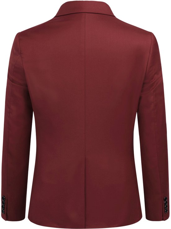 Donkerrode blazer met twee knopen op de mouwen en gestreepte voering.