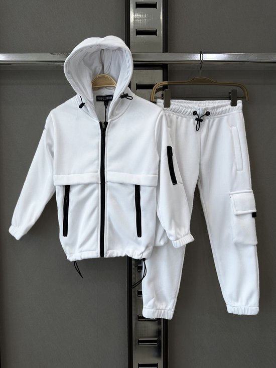Joggingpak Kind – Vest met Capuchon + Broek – Trainingspak – Maat 110/116 – Jongens & Meisjes – Kleur Wit – Hele Jaar Draagbaar - Topkwaliteit