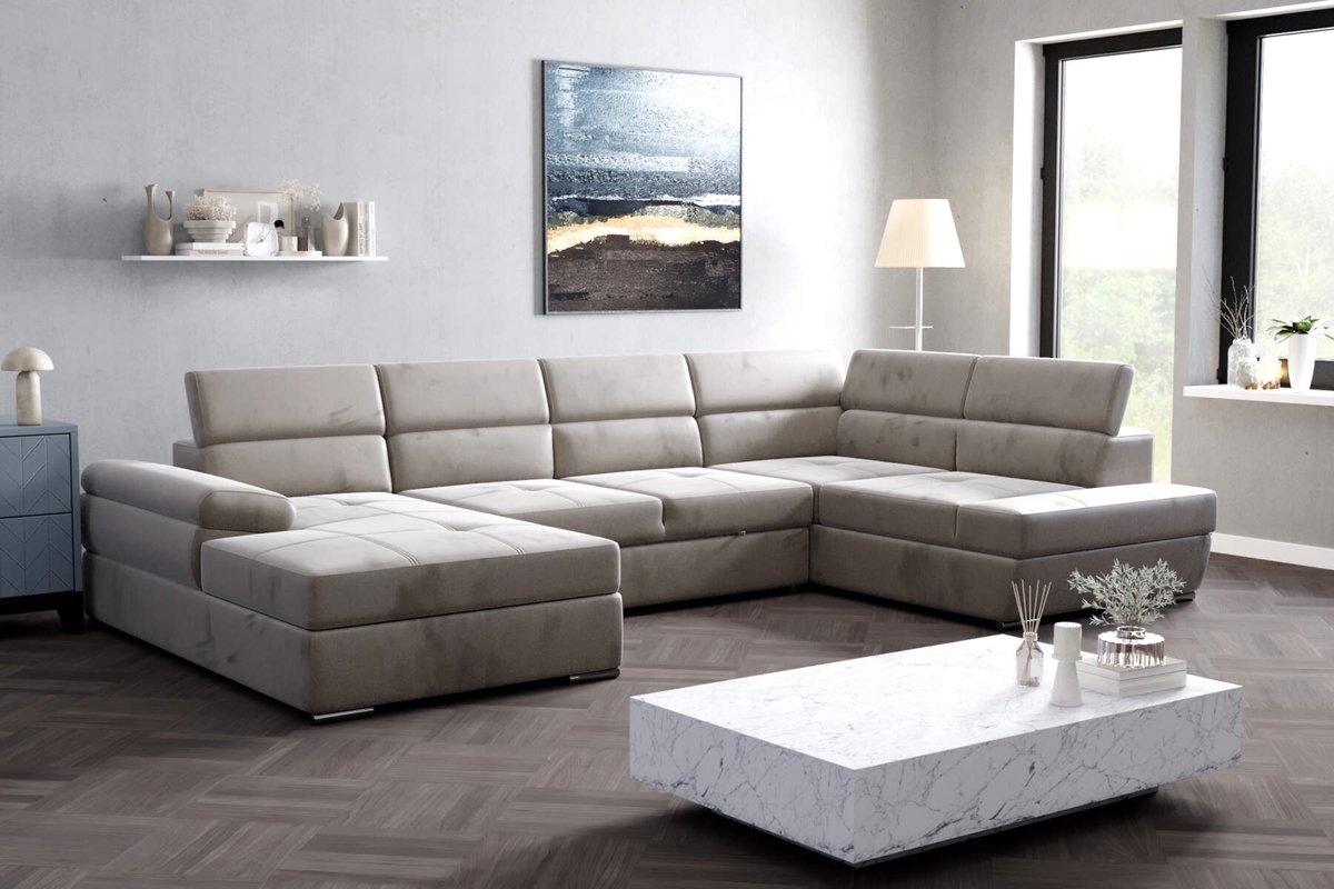 hoekbank lazaro- kleine lounge links- velvet beige- met bed en opbergruimte- hoekzetel met dubbele opberging