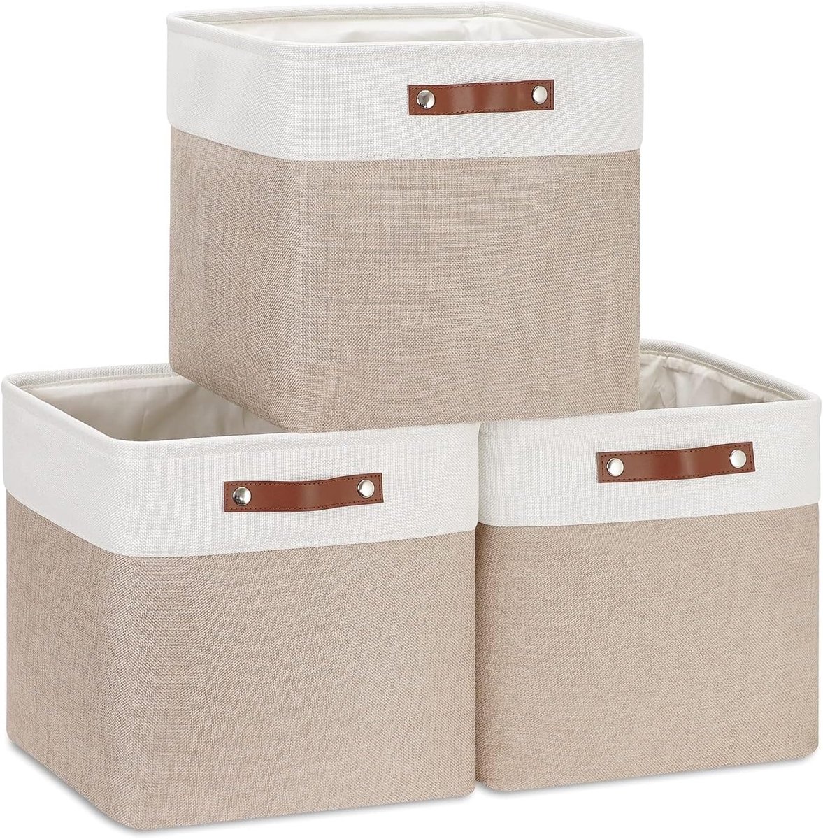 Opbergbox - Stof - Set van 3 Kubusvormige - 25x25x25cm - Linnen - Kaki & Wit