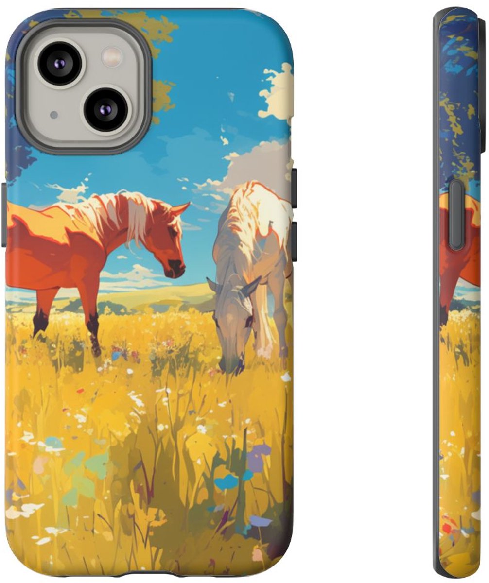 Paarden Grazend in Zonnig Veld – Telefoonhoesje Geschikt voor iPhone 14