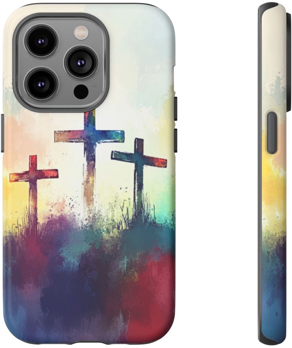 Drie Kruisen in Abstracte Waterverf – Telefoonhoesje Geschikt voor iPhone 14 Pro