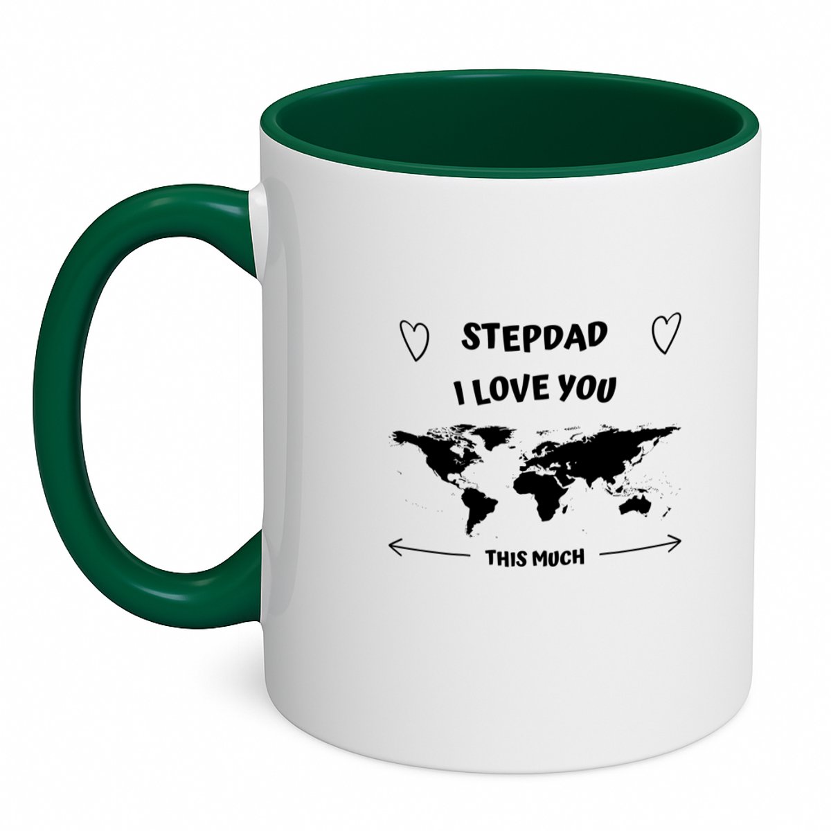 Hacebo® - stepdad I love you this much koffiebeker donker groen - Vader - geweldige stiefvader - thee mok - koffie beker - liefste stiefvader - verjaardag - cadeau - kado - bedankje - geschenk - koffiemok - 350 ML inhoud