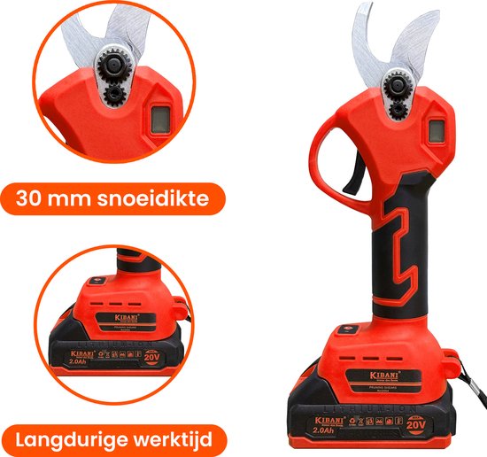 Kibani Accu Takkenschaar 20V - Met 2000 mAh accu - Inclusief opbergdoos - Bloemen- en Heggenschaar - Elektrisch - Tot 30 mm snoeien - Compacte snoeischaar van Kibani — afbeelding 3