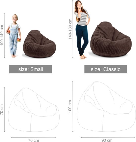 Illustration des tailles 'Small' et 'Classic' du pouf poire marron en velours côtelé, comparées à des enfants et des adultes.