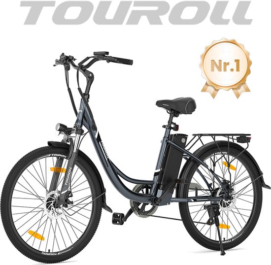 Touroll B1 Electric City Bike, 250W Motor, 45Nm Torque, 26"x1.95" Tire, 36V 15.6Ah Battery, 90km Max Range, 7-Speed Shimano Gear 5 Assist Levels 6km/h Walk Mode, Mechanical Shock Absorber IPX4 - Black
