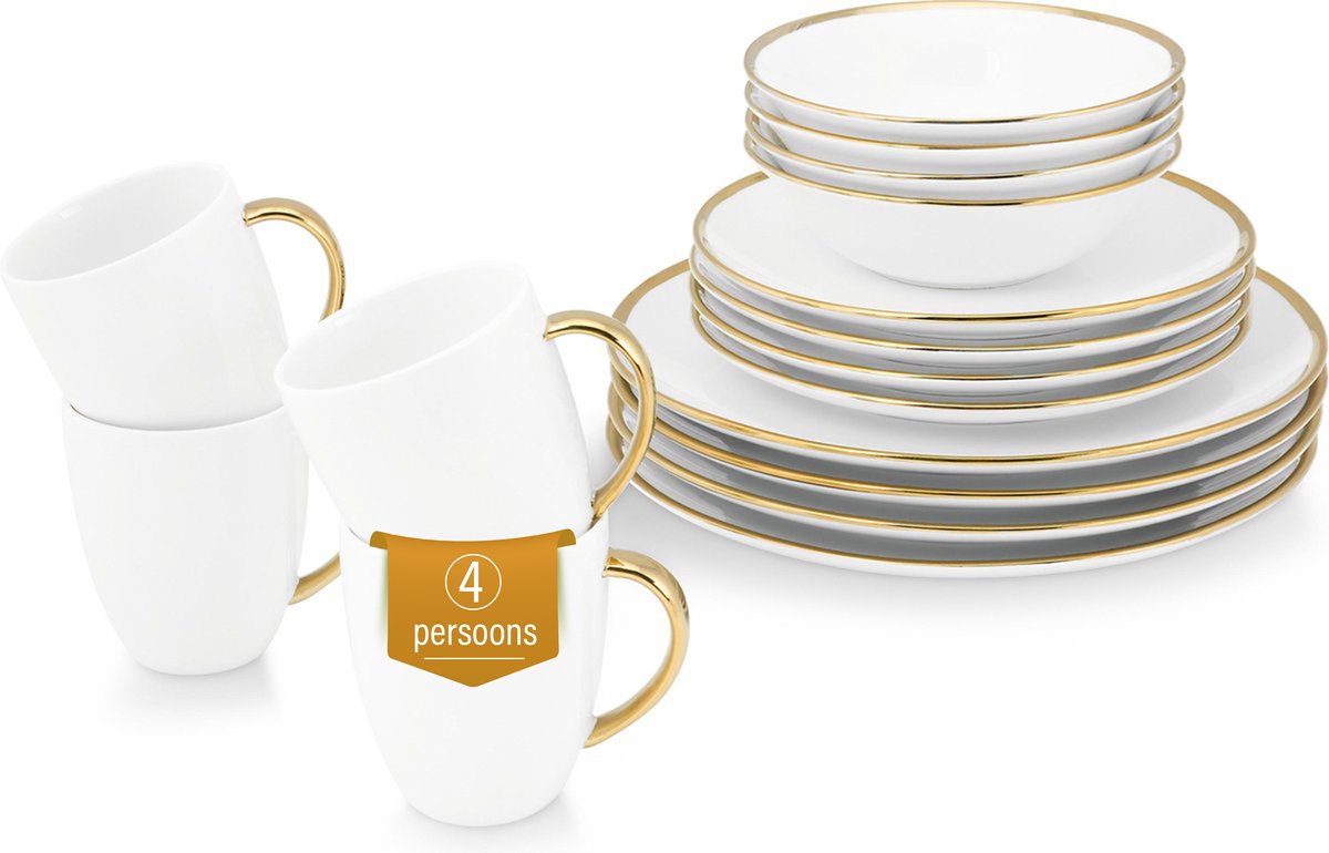 vtwonen - Serviesset - Wit/Goud - Porselein - 16-Delig