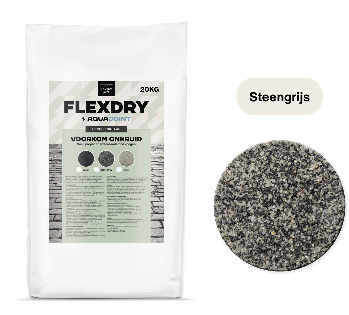 AquaJoint FlexDry Steengrijs 20 kg – Waterdoorlatend Polymeer Voegzand tegen Onkruid – Terras & Oprit (vanaf 1 mm voegbreedte)