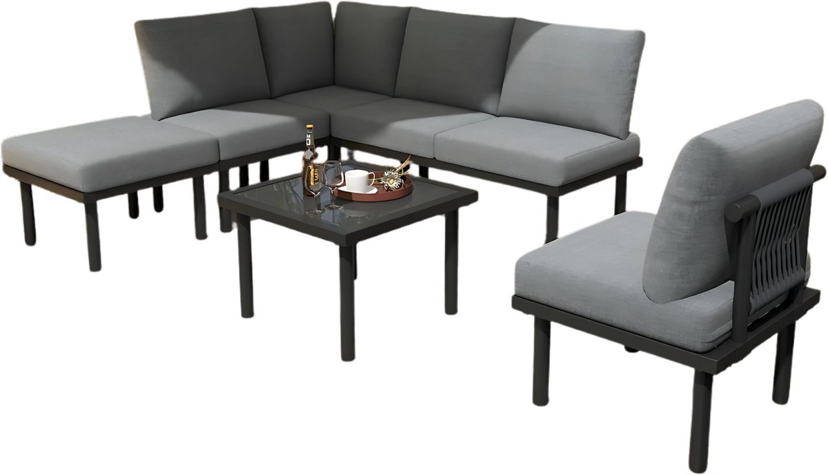 6-delig Tuin Loungeset - Tuinmeubelset - Voor Buiten & Terras - Met Glazen Tafelblad & Kussens - Touwgaas & IJzeren Frame - Grijs