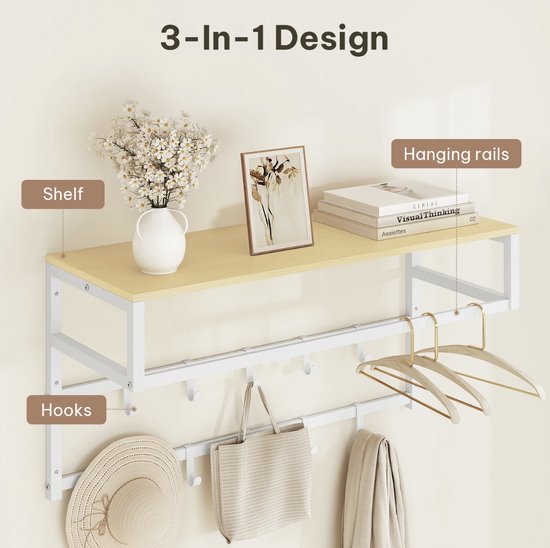 Kapstok met houten plank, twee ophangrails en 10 haken. Bevat een vaas, boeken en kleding.