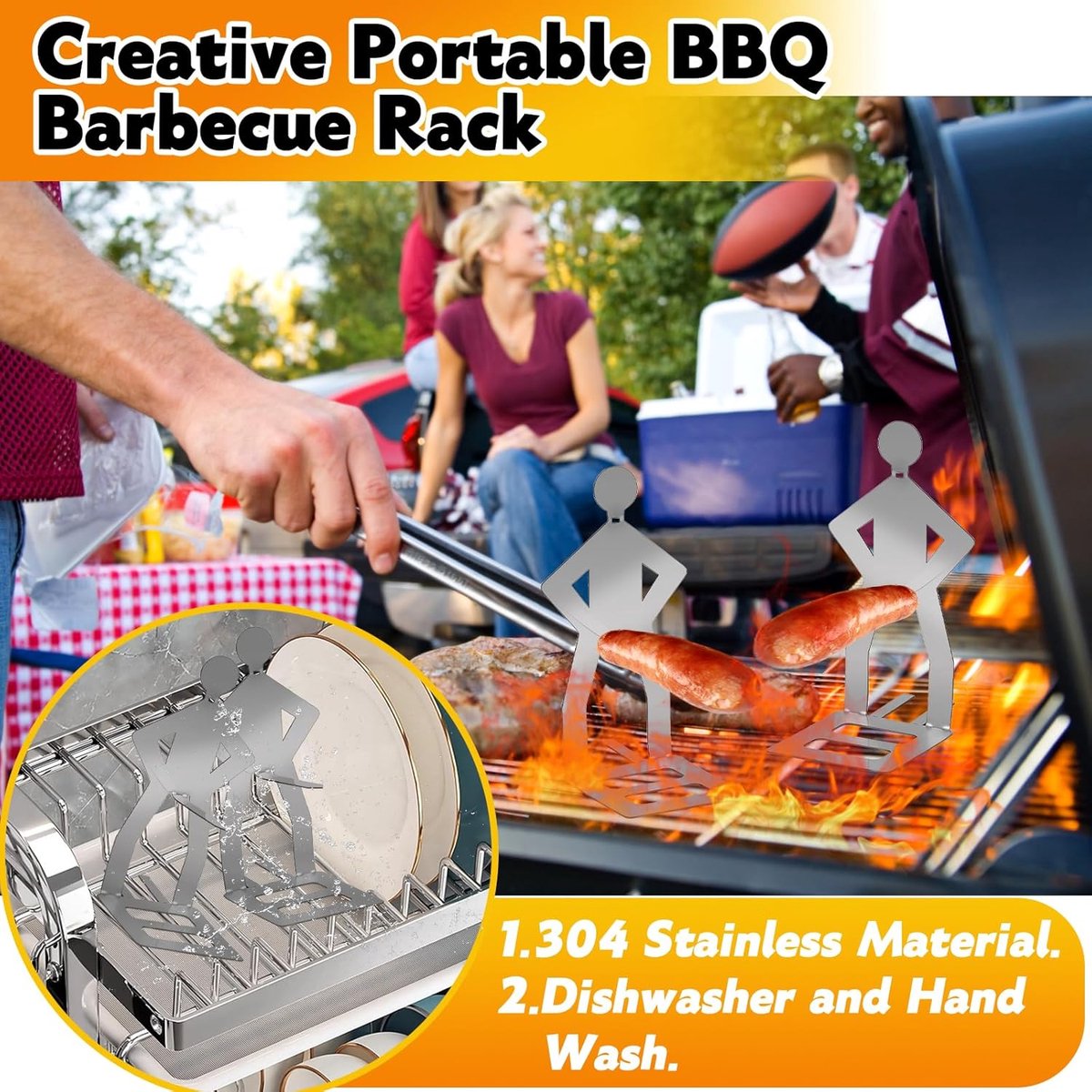 Lot De 3 Supports à Saucisses Pour Barbecue En Forme Humaine - Acier Inoxydable, Avec Brosse, 20.5 Cm
