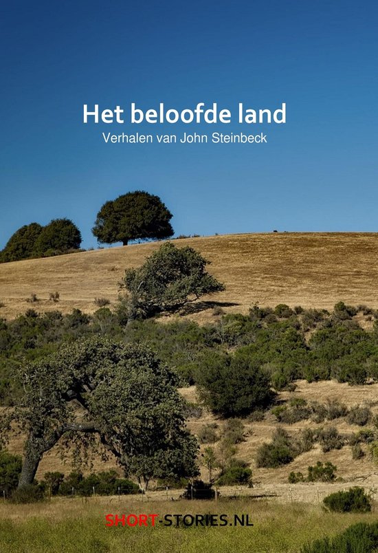 Boekomslag van 'Het beloofde land' met een foto van een glooiend, droog landschap onder een helderblauwe hemel, met enkele bomen.