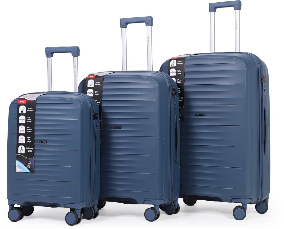Royal Swiss® Kofferset 3-delig – Sterk & Lichtgewicht ABS – TSA-slot – 360° 4 Wielen – Donkerblauw Reisbagage