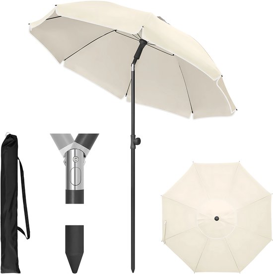 Crème parasol, inclusief hoes en verstelbare paaldelen. Toont opengeklapte en gesloten parasol.
