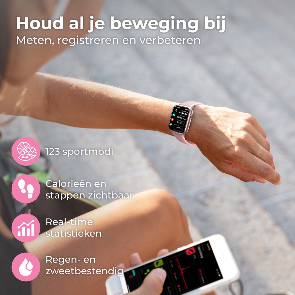 Nuvance Smartwatch Heren & Dames met Bluetooth - 45mm - Geschikt voor alle Smartphones - Stappenteller & Hartslagmeter - Roze – foto 5