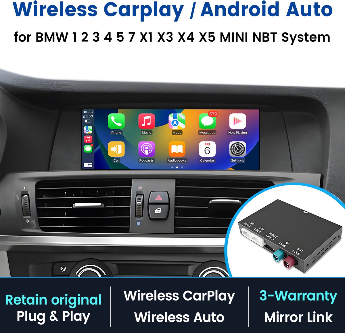JUNSUN Plug & Play Draadloze CarPlay Android Auto Box Geschikt voor BMW NBT Systeem - Retrofit Kit Geschikt voor 1/2/3/4/5/7 Serie, X1/X3/X4/X5 & Mini, OEM Integratie