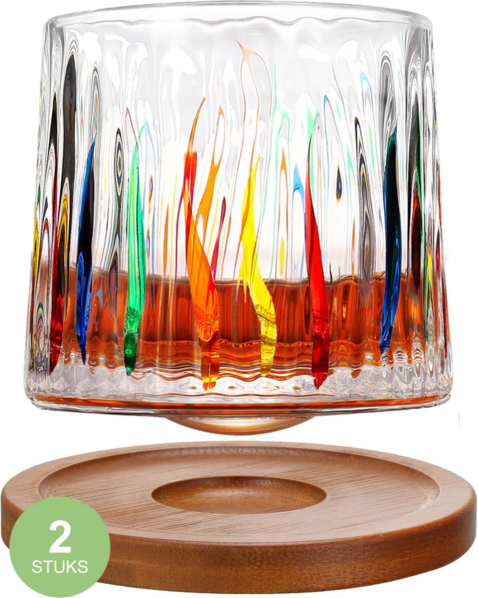 Uten Kristal Draaiende Whiskey Glazen – Whiskeyglazen - Whiskey glas - 2 stuks - 275 ml Glas - Glazen voor Alle Gebruiken - Incl twee onderzetters - (Multi Model-A4 )