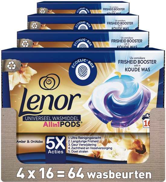 Dosettes de détergent Lenor - Orchidée dorée - 4 x 16 capsules - Pack économique