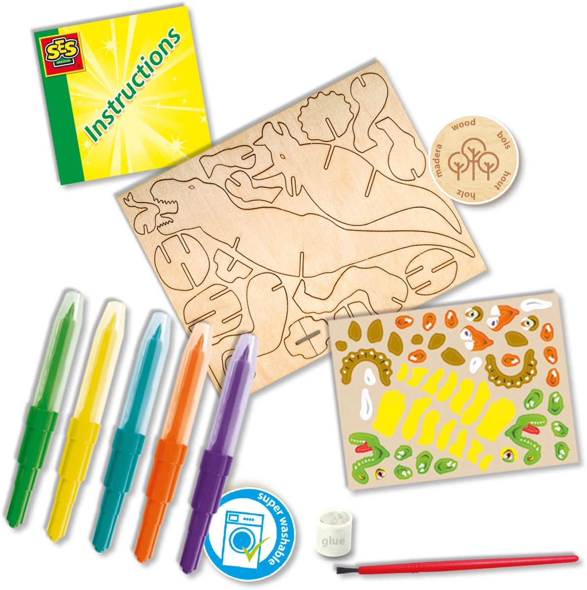 SES - Blow airbrush pens - Dino's - 5 stuks - blaasstift - goed uitwasbaar - inclusief dino onderdelen, lijm, penseel en stickers - knutselen jongens - Dinosaurus Speelgoed — afbeelding 5