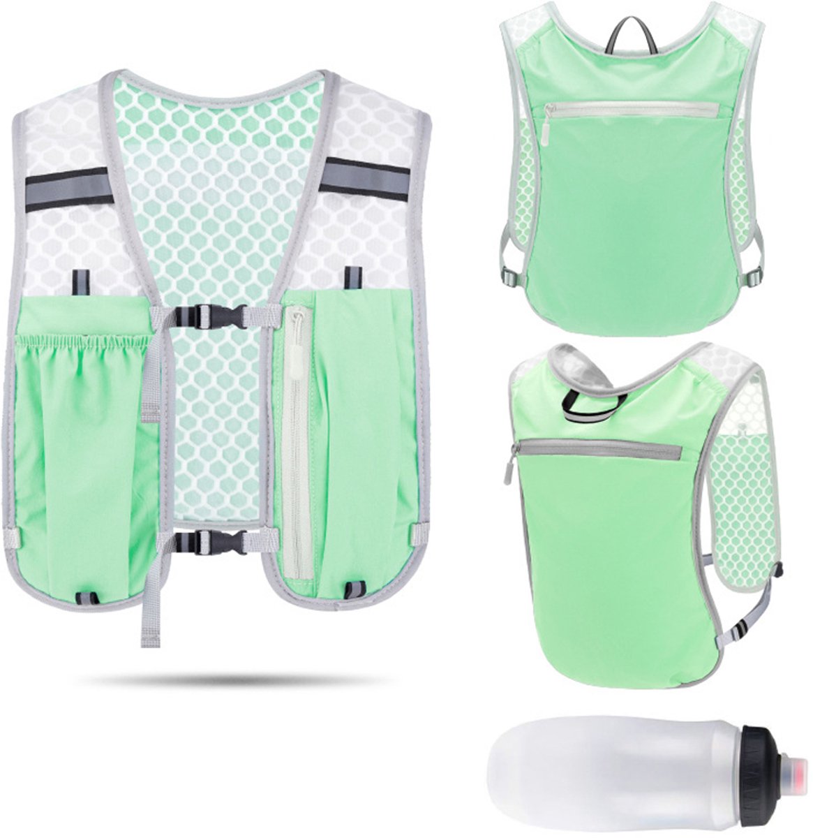 Hardloop-hydratatievest, lichtgewicht rugzak, stabiele borstuitrusting met blaas en telefoonhouder voor vrouwen, Heren,met reflecterende strepen, marathons, trails, fietsen, buitenavonturen(1 * groente vest, 1 * waterfles) - Cyslmuk®