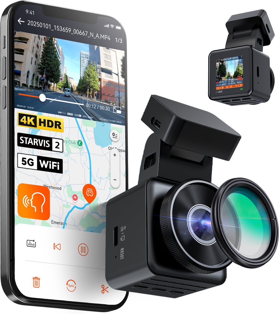 Vantrue E1 Pro 4K Mini Dashcam Voorzijde, STARVIS 2 PlatePix™ HDR Nachtzicht Autoradio, Ingebouwde 5G WiFi GPS, 1,54" IPS-scherm, LTE-ondersteuning, Spraakbediening, 24/7 Buffered Parkeermodus, Ondersteunt tot 1TB Max
