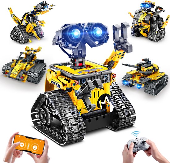 Gele robot centraal, omringd door vier andere modellen, met afstandsbediening en telefoon.