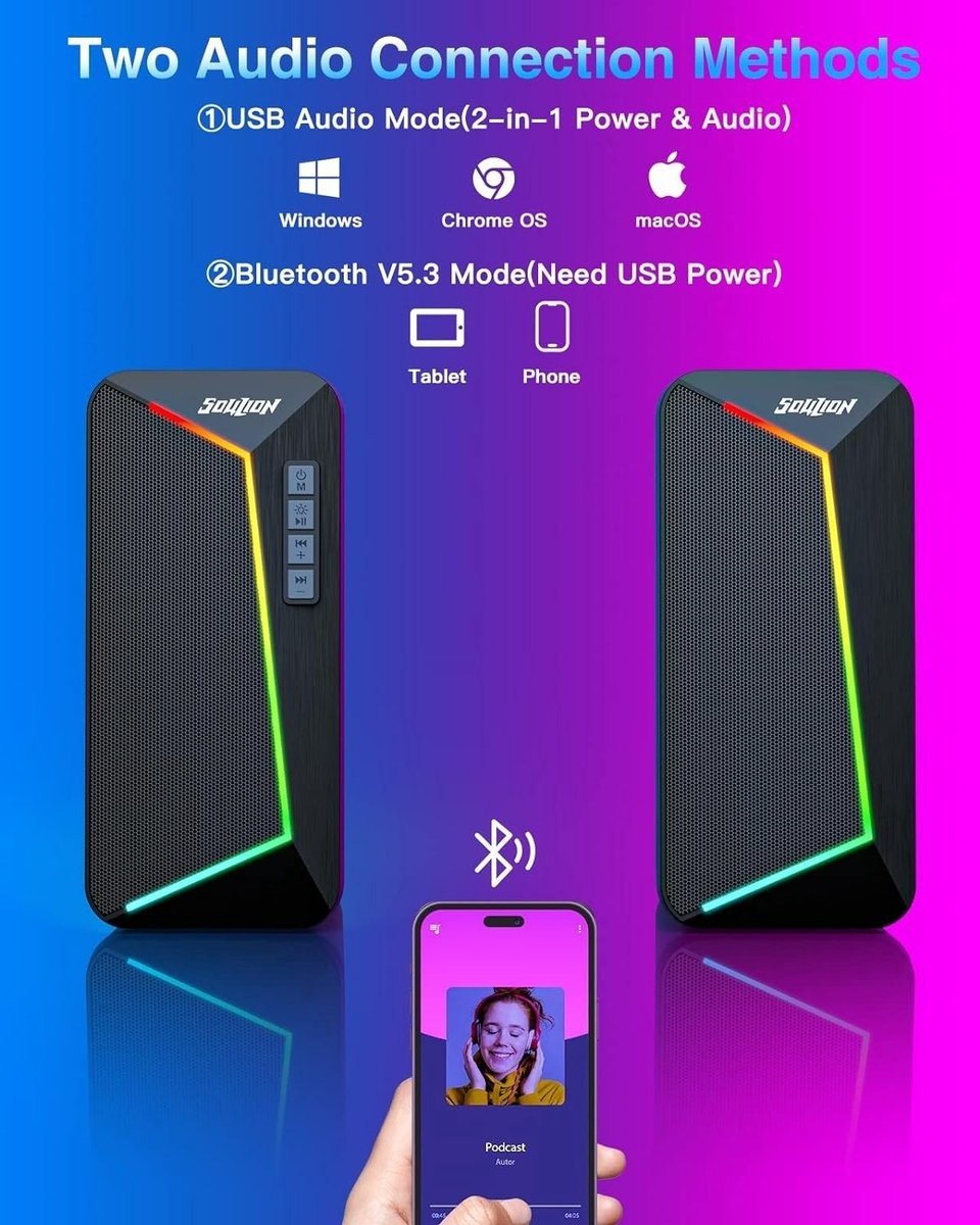 QPFO® Bluetooth PC speakers - 2.0 USB powered computer speakers met Bluetooth 5.3 - R40 stereo luidsprekers voor laptop en desktop