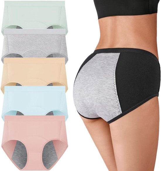 Set van vijf slips: lichtgroen, grijs, beige, lichtblauw en roze. Model draagt een beige en grijze slip.