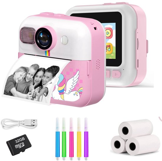 TinyPlay Kindercamera met foto printer - 48MP - Digitale Camera Kinderen - 32GB SD kaart - Full HD Foto en Video - Spelletjes - Fotoprinter - Kinder camera - Digitale kindercamera - Roze
