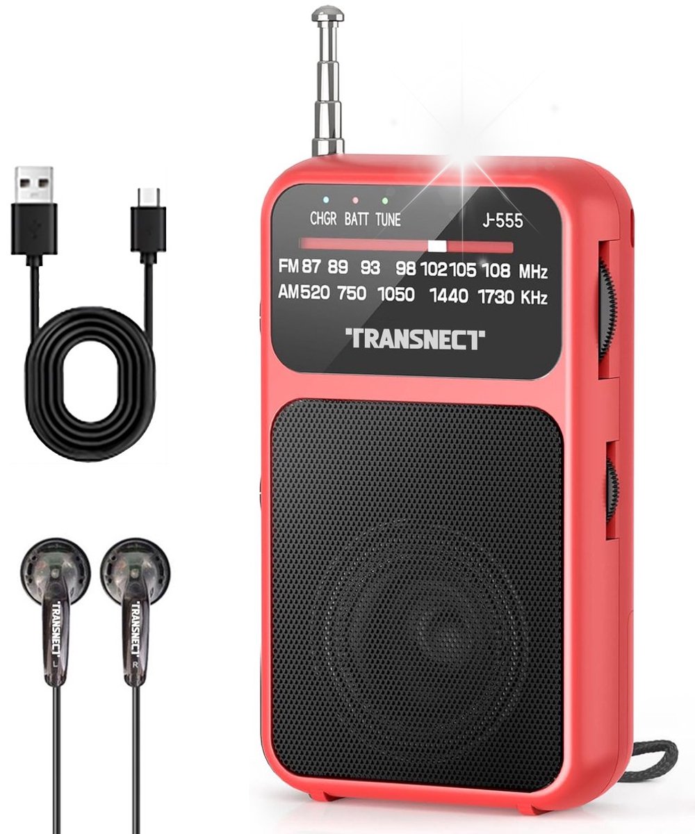 TRANSNECT® - Draagbare Noodradio - Rood - AM/FM - Oplaadbaar & Op Batterijen - Koptelefoonaansluiting - Draagbare Radio - Wereldradio - Noodpakket Must Have - Zakradio - Voor Rampen - Kleine - Transistor Radio - Telescopische Antenne