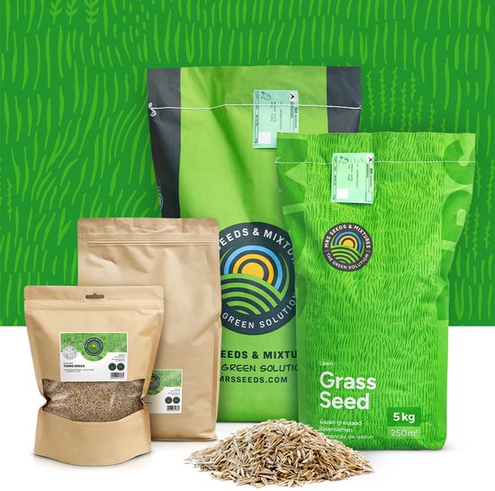 Verschillende verpakkingen graszaad, waaronder groene zakken van 5 kg en bruine zakken.