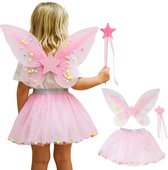 Joya Kids® Tuin Vlinder Fee Verkleedset voor Meisjes | Fëen Tutu verkleedkleding | Prinsessencape | Cape Set | Unicorn | Meisje Verkleedset | Carnvalskleding Halloween Meisjes | Met Haarband, Staf, Vleugels en Tutu | Licht Roze