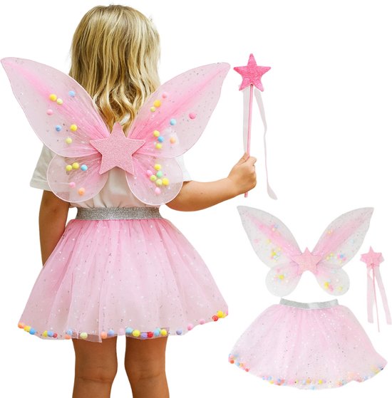 Joya Kids® Tuin Vlinder Fee Verkleedset voor Meisjes | Fëen Tutu verkleedkleding | Prinsessencape | Cape Set | Unicorn | Meisje Verkleedset | Carnvalskleding Halloween Meisjes | Met Haarband, Staf, Vleugels en Tutu | Licht Roze
