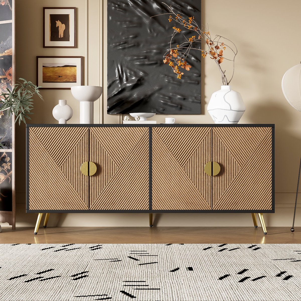 Pugsdrly 160 cm dressoir, vier deuren, gouden geborstelde handgrepen en hoogglanzende tafelpoten
