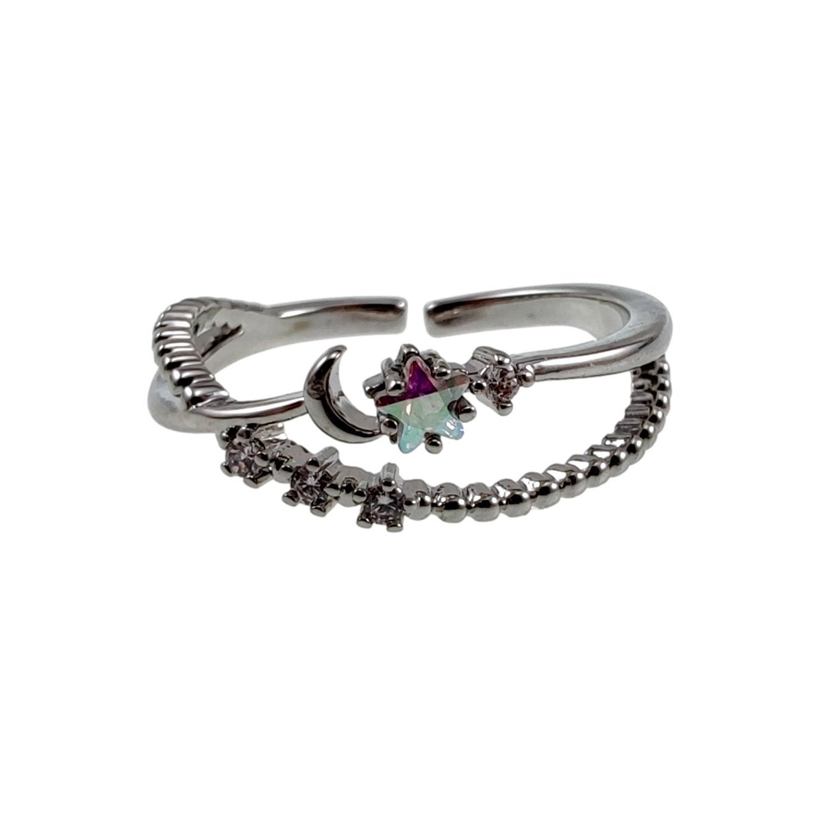 Verstelbare Ring met Sterren, Maan en Zirkonia, Ring, Plated, Dames - Size 16 - 17mm