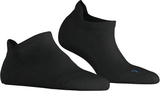 Zwarte enkelsokken met een schuine vouw en blauwe 'L' markering.