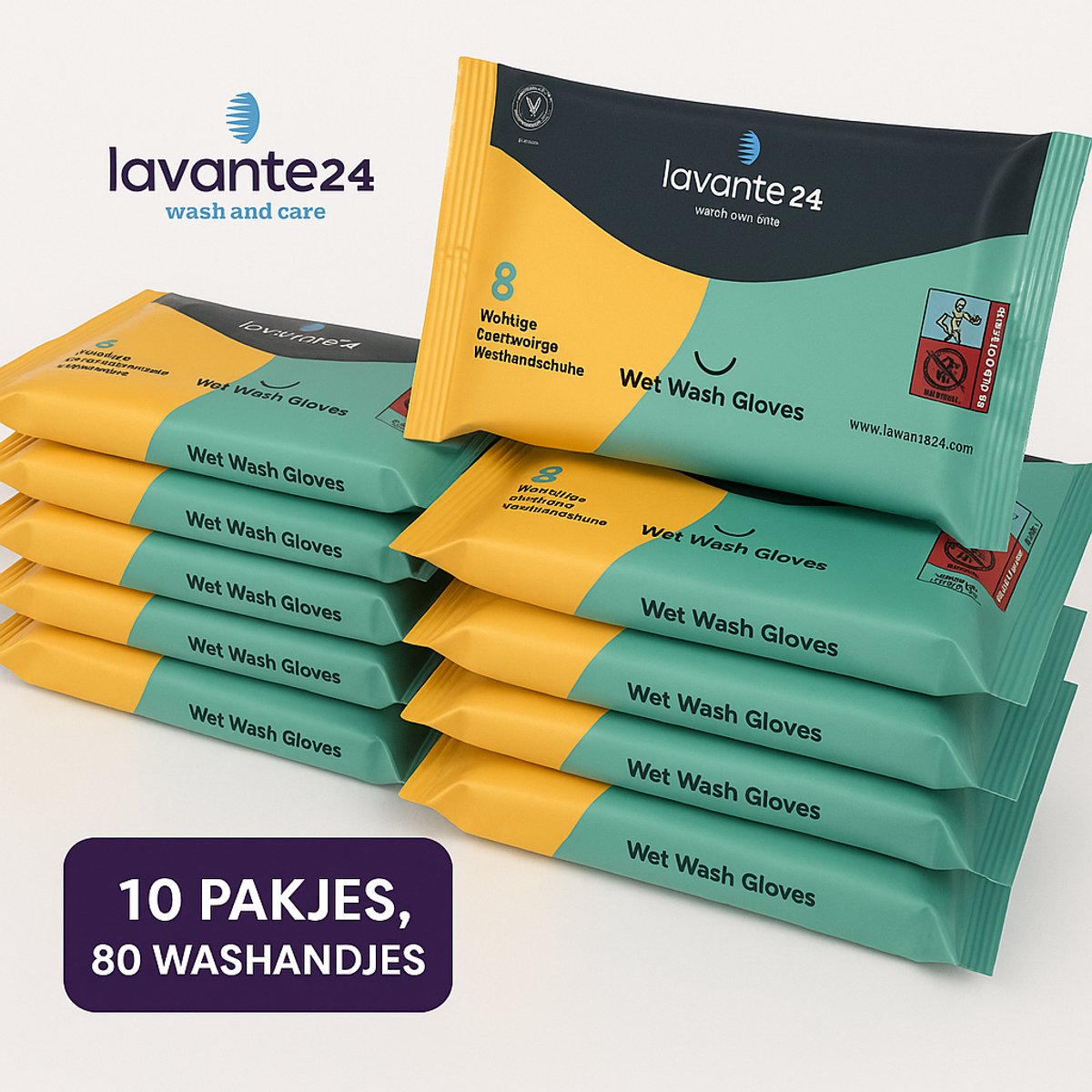 LAVANTE24 VOCHTIGE WASHANDJES - PARFUMVRIJ - 10X 8- pack (totaal 80st) - hersluitbaar! -