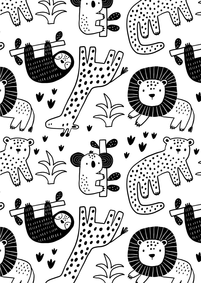 Poster Jungledieren zwart-wit – A4-formaat – Kinderkamerdecoratie met giraffe, leeuw, koala – 300 grams glanzend papier