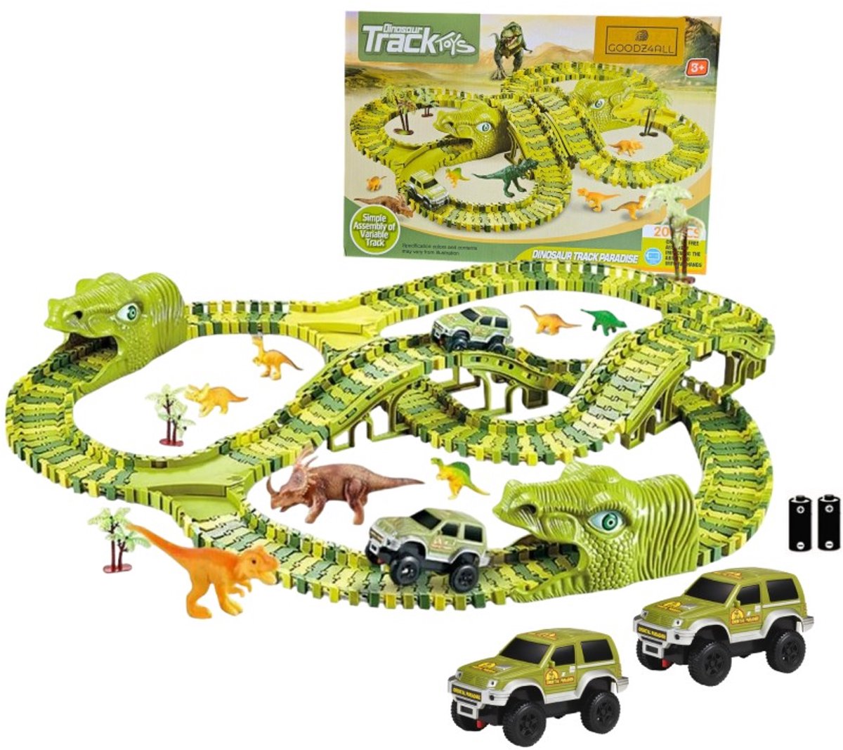 Goodz4All Dino Autobaan Speelgoed Dinosaurus Speelgoed Flexibele Racebaan Elektrisch voor Kinderen met Extra Speelgoed Auto en Dinosaurussen Speelfiguren - Eenvoudig te Monteren - Eindeloos Combineren - Veel Speelplezier